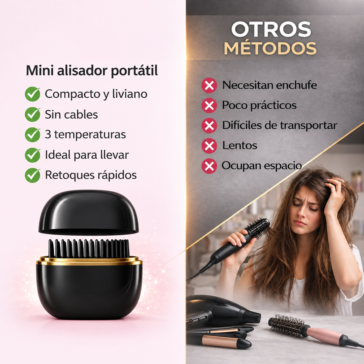 Mini Cepillo Alisador de Pelo Inalámbrico